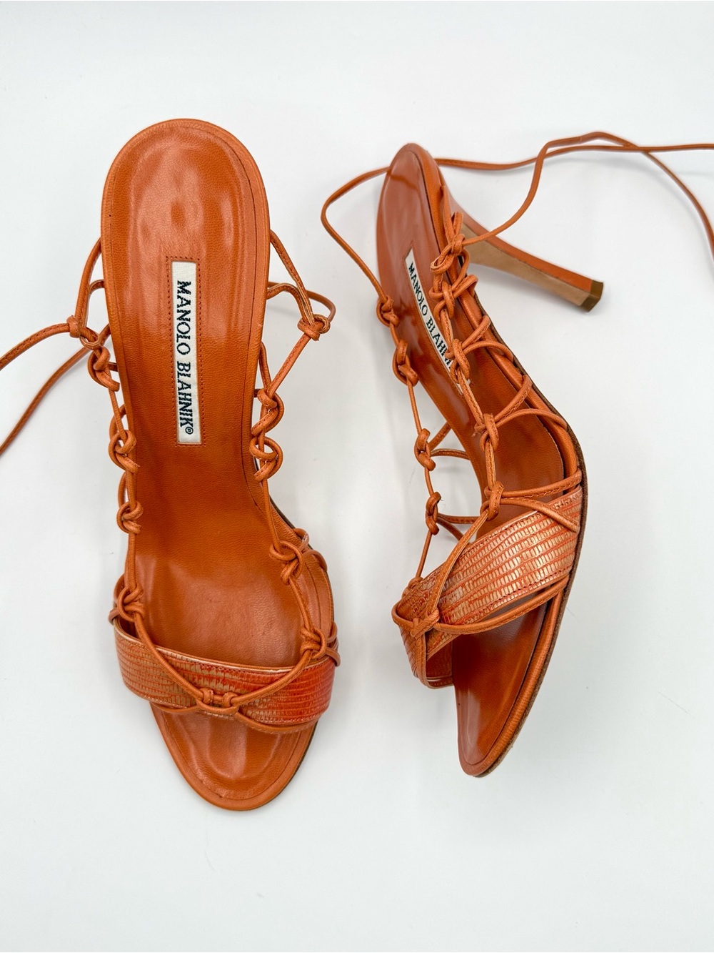 Manolo Blahnik orange knotted, strappy heel sandals, size 38 - Picture 2 of 7